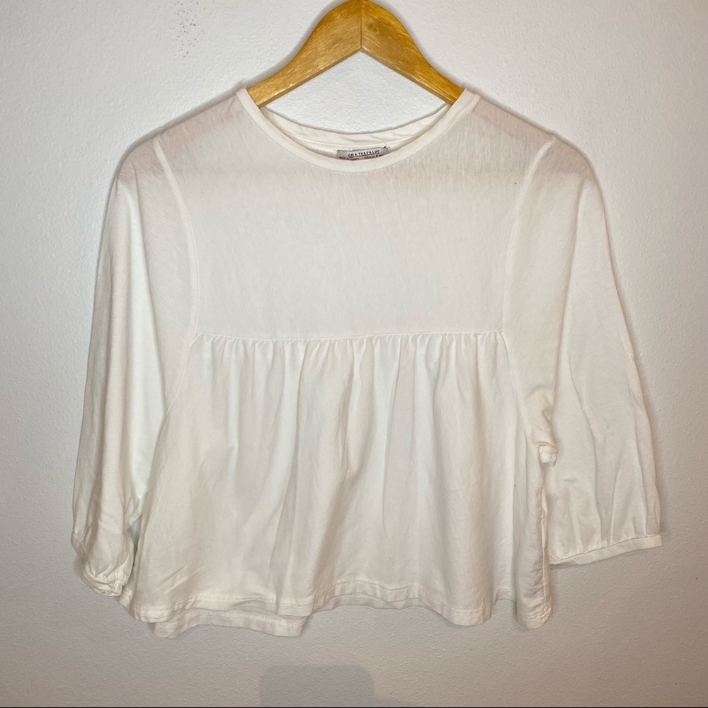 Zara Trafaluc White Babydoll Cropped Short Sleeve Blouse